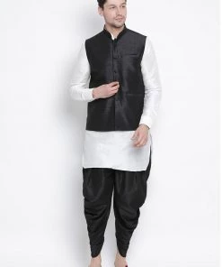 Vastramay Men's White Cotton Silk Blend Ethnic Jacket, Kurta And Dhoti Pant Set Buy 1 Get 1