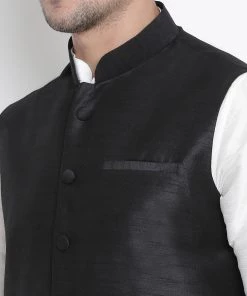 Vastramay Men's White Cotton Silk Blend Ethnic Jacket, Kurta And Dhoti Pant Set Buy 1 Get 1