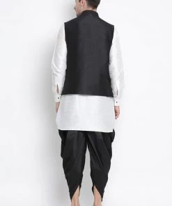 Vastramay Men's White Cotton Silk Blend Ethnic Jacket, Kurta And Dhoti Pant Set Buy 1 Get 1