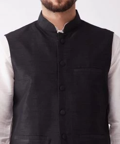 VASTRAMAY Men Cream & Black Layered Kurta With Cowl Dhoti & Jacket