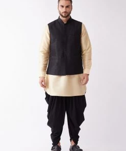 Buy 1 Get 1 VASTRAMAY Men's Black And Gold Silk Blend Ethnic Jacket, Kurta And Dhoti Set