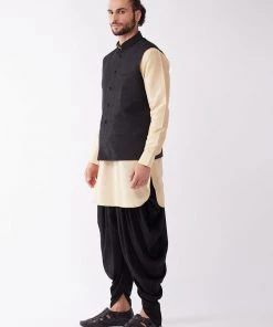 Buy 1 Get 1 VASTRAMAY Men's Black And Gold Silk Blend Ethnic Jacket, Kurta And Dhoti Set