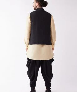 Buy 1 Get 1 VASTRAMAY Men's Black And Gold Silk Blend Ethnic Jacket, Kurta And Dhoti Set