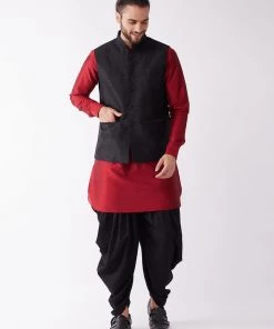 Buy 1 Get 1 VASTRAMAY Men's Black And Maroon Silk Blend Ethnic Jacket, Kurta And Dhoti Set