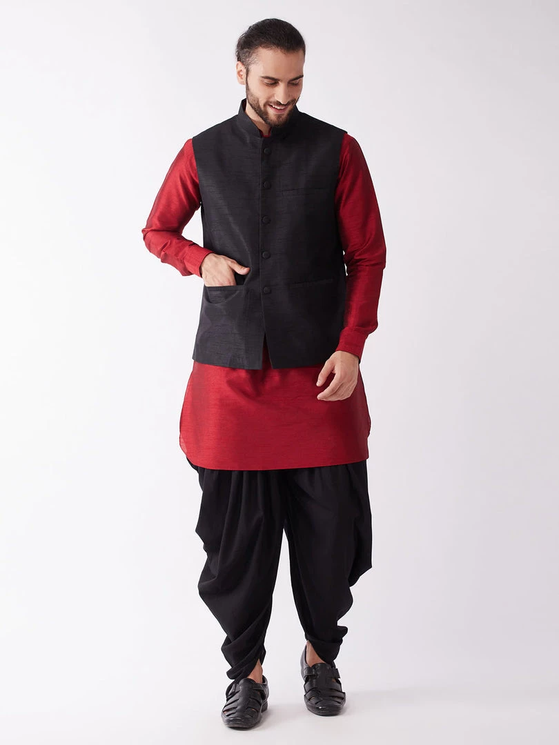 Buy 1 Get 1 VASTRAMAY Men's Black And Maroon Silk Blend Ethnic Jacket, Kurta And Dhoti Set 3 Buy 1 Get 1 VASTRAMAY Men's Black And Maroon Silk Blend Ethnic Jacket, Kurta And Dhoti Set
