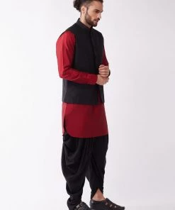 Buy 1 Get 1 VASTRAMAY Men's Black And Maroon Silk Blend Ethnic Jacket, Kurta And Dhoti Set