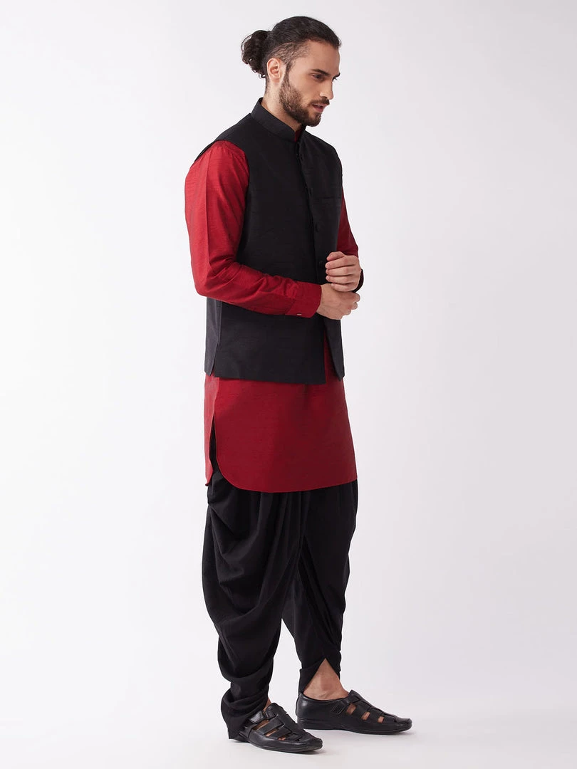 Buy 1 Get 1 VASTRAMAY Men's Black And Maroon Silk Blend Ethnic Jacket, Kurta And Dhoti Set 4 Buy 1 Get 1 VASTRAMAY Men's Black And Maroon Silk Blend Ethnic Jacket, Kurta And Dhoti Set