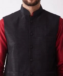 Buy 1 Get 1 VASTRAMAY Men's Black And Maroon Silk Blend Ethnic Jacket, Kurta And Dhoti Set 12 Buy 1 Get 1 VASTRAMAY Men's Black And Maroon Silk Blend Ethnic Jacket, Kurta And Dhoti Set