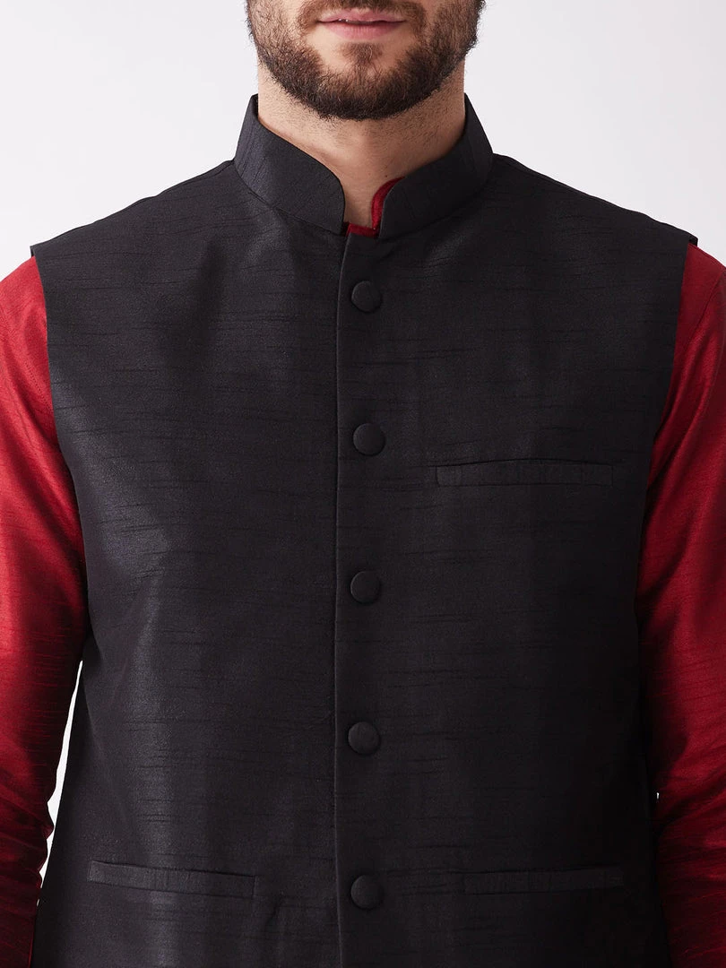 Buy 1 Get 1 VASTRAMAY Men's Black And Maroon Silk Blend Ethnic Jacket, Kurta And Dhoti Set 6 Buy 1 Get 1 VASTRAMAY Men's Black And Maroon Silk Blend Ethnic Jacket, Kurta And Dhoti Set