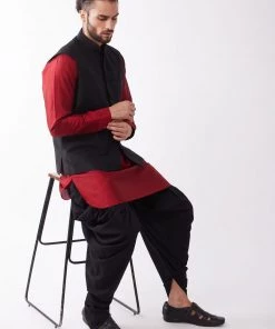 Buy 1 Get 1 VASTRAMAY Men's Black And Maroon Silk Blend Ethnic Jacket, Kurta And Dhoti Set 14 Buy 1 Get 1 VASTRAMAY Men's Black And Maroon Silk Blend Ethnic Jacket, Kurta And Dhoti Set