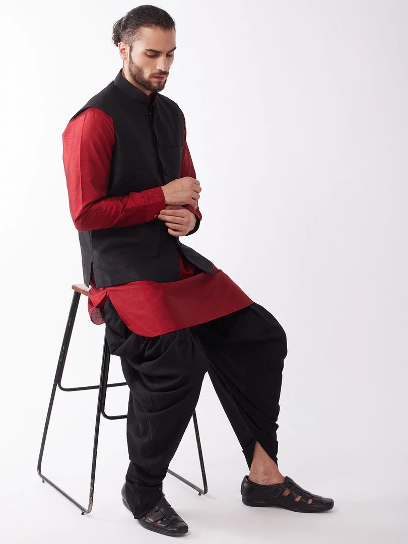 Buy 1 Get 1 VASTRAMAY Men's Black And Maroon Silk Blend Ethnic Jacket, Kurta And Dhoti Set 8 Buy 1 Get 1 VASTRAMAY Men's Black And Maroon Silk Blend Ethnic Jacket, Kurta And Dhoti Set