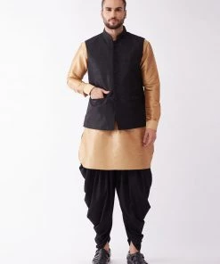 VASTRAMAY Men's Black And Rose Gold Silk Blend Ethnic Jacket, Kurta And Dhoti Set