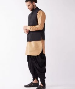 VASTRAMAY Men's Black And Rose Gold Silk Blend Ethnic Jacket, Kurta And Dhoti Set