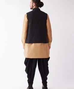 VASTRAMAY Men's Black And Rose Gold Silk Blend Ethnic Jacket, Kurta And Dhoti Set