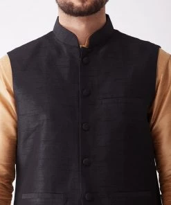VASTRAMAY Men's Black And Rose Gold Silk Blend Ethnic Jacket, Kurta And Dhoti Set