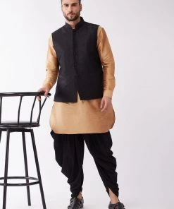 VASTRAMAY Men's Black And Rose Gold Silk Blend Ethnic Jacket, Kurta And Dhoti Set