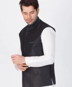 VASTRAMAY Men's Black Cotton Silk Blend Ethnic Jacket Buy 1 Get 1