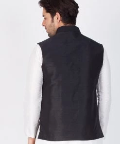 VASTRAMAY Men's Black Cotton Silk Blend Ethnic Jacket Buy 1 Get 1