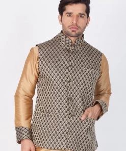 Vastramay Men's Black Cotton Silk Blend Ethnic Jacket