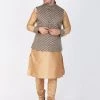 VASTRAMAY Men's Gold Cotton Silk Blend Kurta, Ethnic Jacket And Pyjama Set