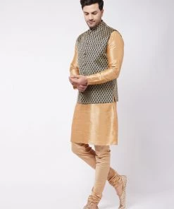 Vastramay Men's Rose Gold Silk Blend Kurta And Pyjama With Black Woven Nehru Jacket