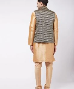 Vastramay Men's Rose Gold Silk Blend Kurta And Pyjama With Black Woven Nehru Jacket