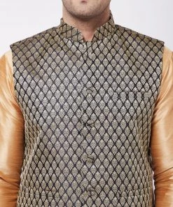 Vastramay Men's Rose Gold Silk Blend Kurta And Pyjama With Black Woven Nehru Jacket