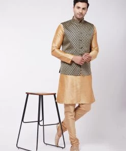 Vastramay Men's Rose Gold Silk Blend Kurta And Pyjama With Black Woven Nehru Jacket