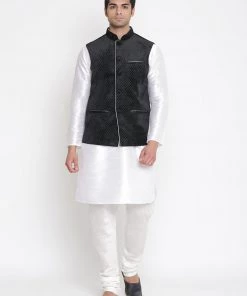 Vastramay Men's Silk Blend Kurta And Pyjama With Black Polka Nehru Jacket