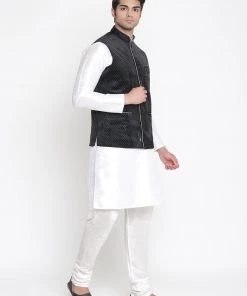 Vastramay Men's Silk Blend Kurta And Pyjama With Black Polka Nehru Jacket