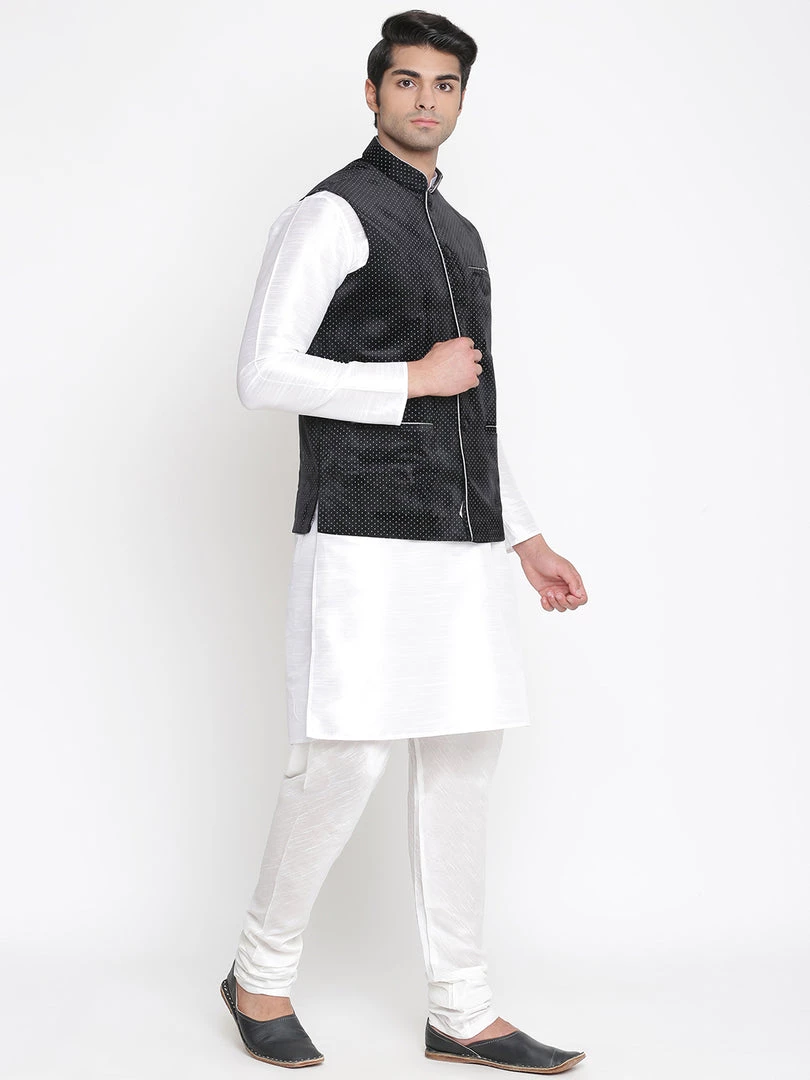 Vastramay Men's Silk Blend Kurta And Pyjama With Black Polka Nehru Jacket 4 Vastramay Men's Silk Blend Kurta And Pyjama With Black Polka Nehru Jacket