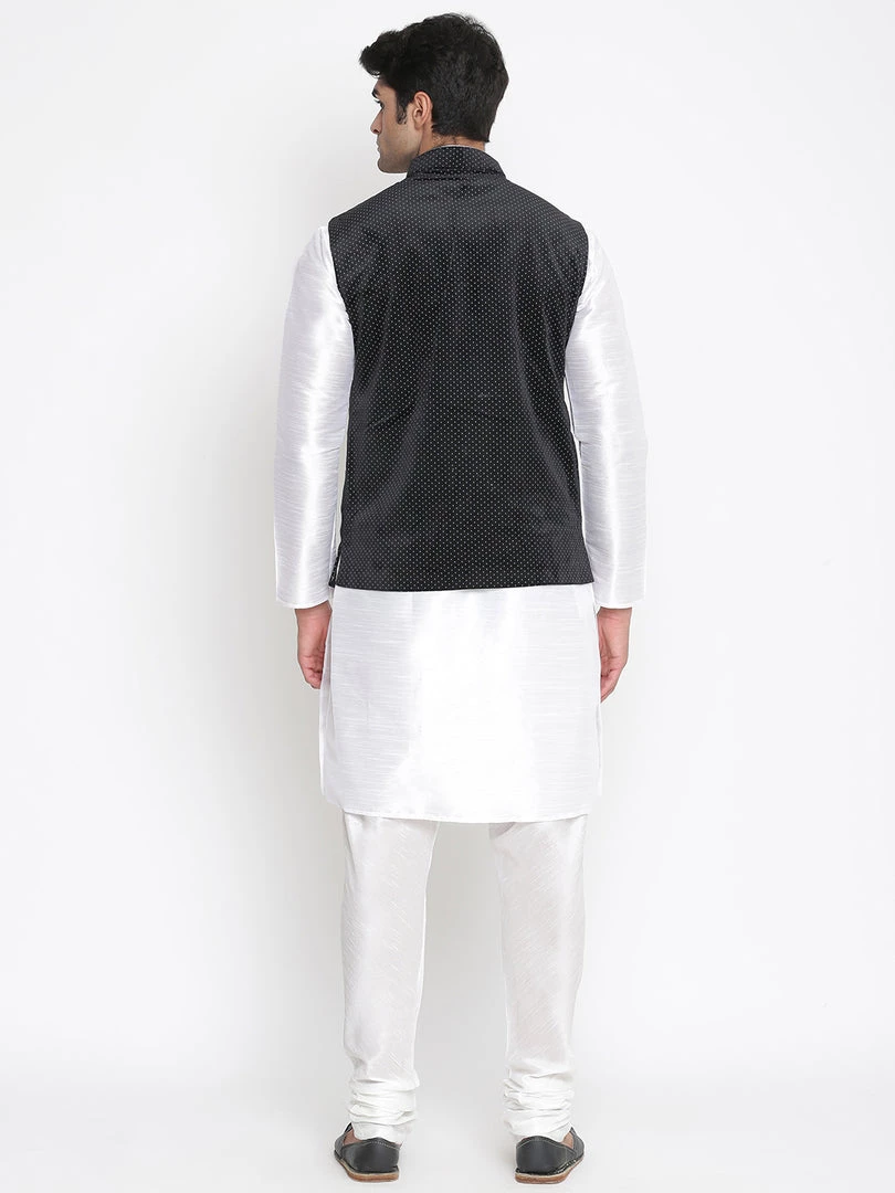 Vastramay Men's Silk Blend Kurta And Pyjama With Black Polka Nehru Jacket 5 Vastramay Men's Silk Blend Kurta And Pyjama With Black Polka Nehru Jacket