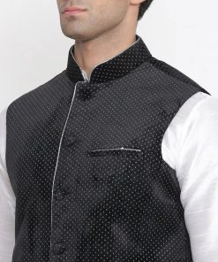 Vastramay Men's Silk Blend Kurta And Pyjama With Black Polka Nehru Jacket 13 Vastramay Men's Silk Blend Kurta And Pyjama With Black Polka Nehru Jacket