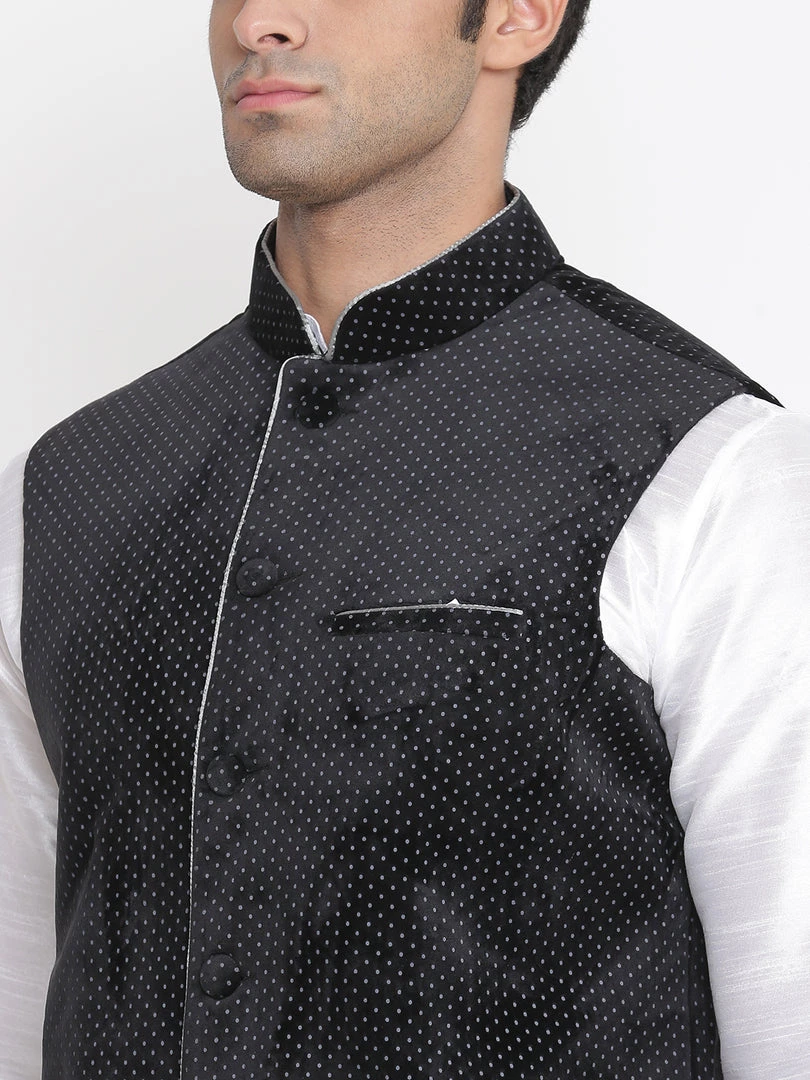 Vastramay Men's Silk Blend Kurta And Pyjama With Black Polka Nehru Jacket 6 Vastramay Men's Silk Blend Kurta And Pyjama With Black Polka Nehru Jacket