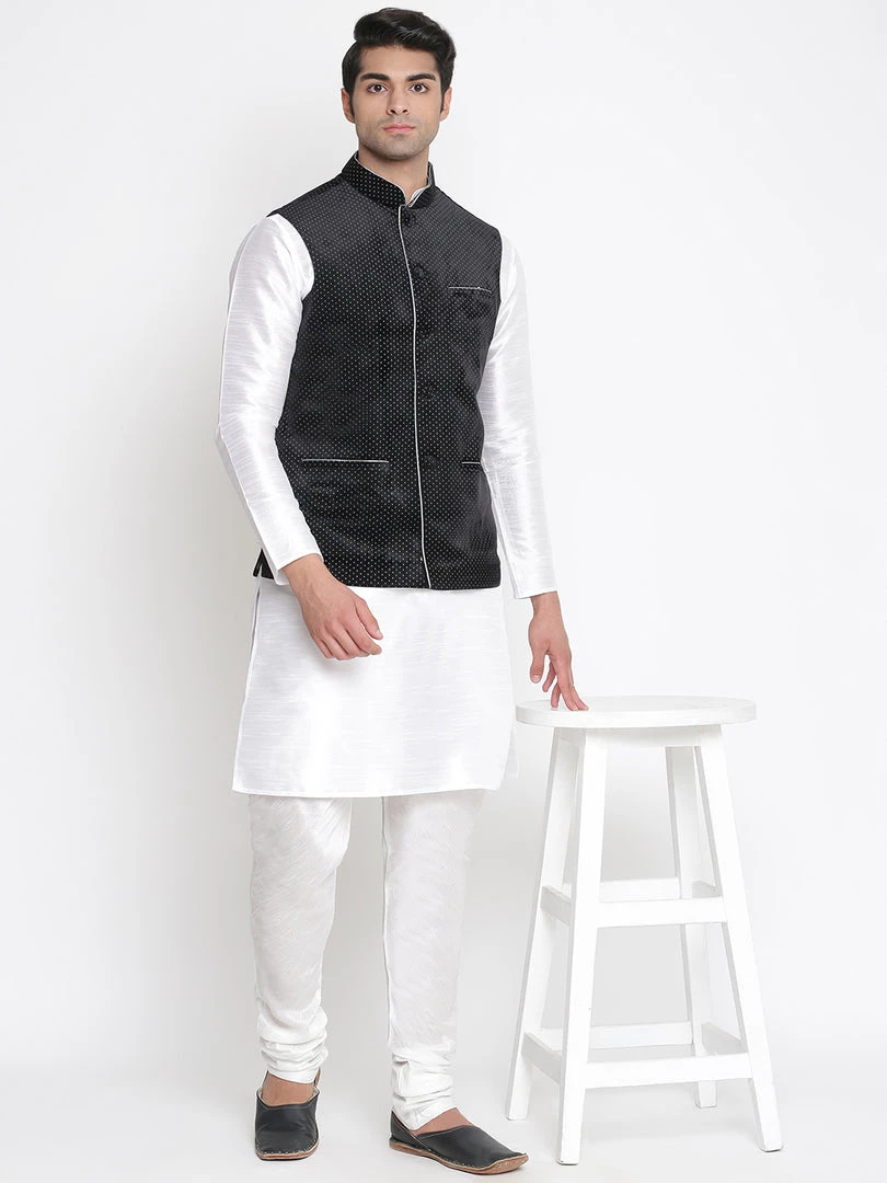 Vastramay Men's Silk Blend Kurta And Pyjama With Black Polka Nehru Jacket 9 Vastramay Men's Silk Blend Kurta And Pyjama With Black Polka Nehru Jacket