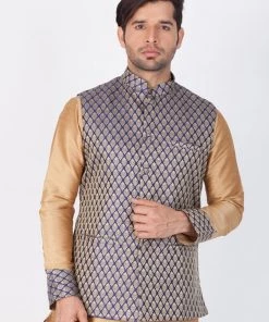 Vastramay Silk Blend Blue And Gold Baap Beta Ethnic Jacket