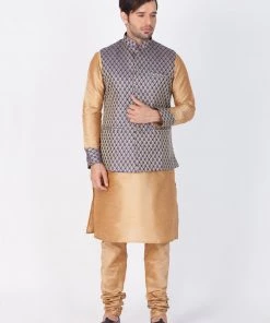VASTRAMAY Men's Gold Cotton Silk Blend Kurta, Ethnic Jacket And Pyjama Set Kurta Sets