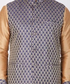 VASTRAMAY Men's Gold Cotton Silk Blend Kurta, Ethnic Jacket And Pyjama Set Kurta Sets