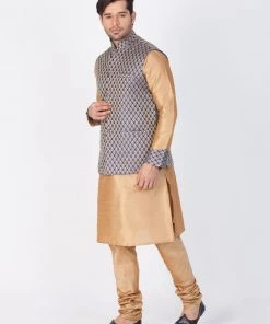 VASTRAMAY Men's Gold Cotton Silk Blend Kurta, Ethnic Jacket And Pyjama Set Kurta Sets