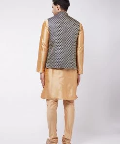 Vastramay Men's Rose Gold Silk Blend Kurta And Pyjama With Blue Woven Nehru Jacket