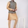 Vastramay Men's Rose Gold Silk Blend Kurta And Pyjama With Blue Woven Nehru Jacket