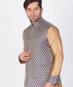 Vastramay Silk Blend Blue And Gold Baap Beta Ethnic Jacket