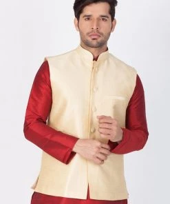 VASTRAMAY Men's Gold Cotton Silk Blend Ethnic Jacket Nehru Jacket