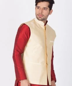 VASTRAMAY Men's Gold Cotton Silk Blend Ethnic Jacket Nehru Jacket