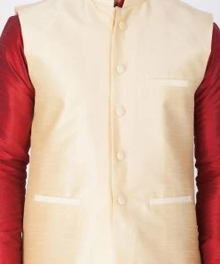 VASTRAMAY Men's Gold Cotton Silk Blend Ethnic Jacket Nehru Jacket
