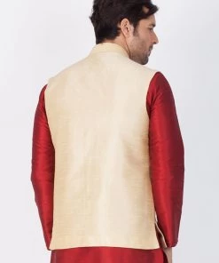 VASTRAMAY Men's Gold Cotton Silk Blend Ethnic Jacket Nehru Jacket