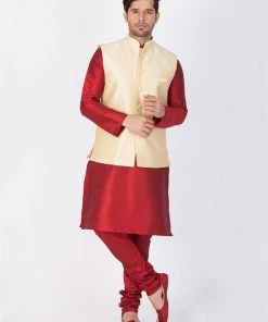 VASTRAMAY Men's Gold Cotton Silk Blend Ethnic Jacket Nehru Jacket