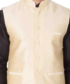 Vastramay Men's Black Cotton Silk Blend Kurta, Ethnic Jacket And Pyjama Set