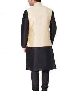 Vastramay Men's Black Cotton Silk Blend Kurta, Ethnic Jacket And Pyjama Set
