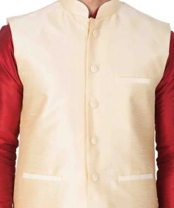 Vastramay Men's Maroon Cotton Silk Blend Kurta, Ethnic Jacket And Pyjama Set